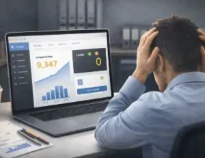 website traffic not converting into leads shown on analytics dashboard with frustrated small business owner