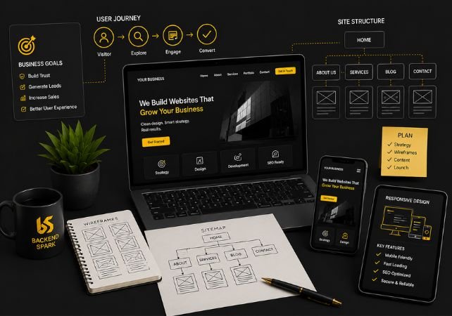 Website planning and strategy for website design and development services in Delhi NCR including sitemap, wireframes, responsive design, and user journey planning
